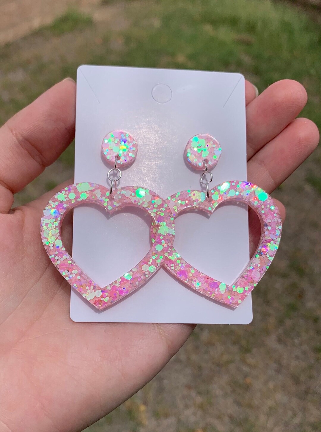 Pastel Pink Sparkly Heart Earrings Handmade Resin Open Heart Dangle