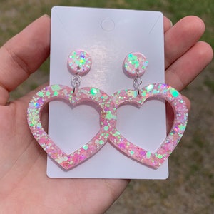 Pastel Pink Sparkly Heart Earrings | Handmade Resin Open Heart Dangle Drop Studs | Cute Iridescent Pink Jewelry | Kawaii Gifts & Accessories