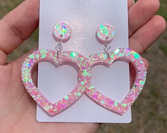 Pastel Pink Sparkly Heart Earrings | Handmade Resin Open Heart Dangle Drop Studs | Cute Iridescent Pink Jewelry | Kawaii Gifts & Accessories