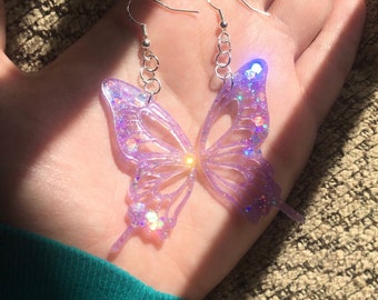 Holographic Purple Butterfly Wing Earrings | Handmade Sparkly Resin Jewelry | Gifts for Women | Unique Accessories