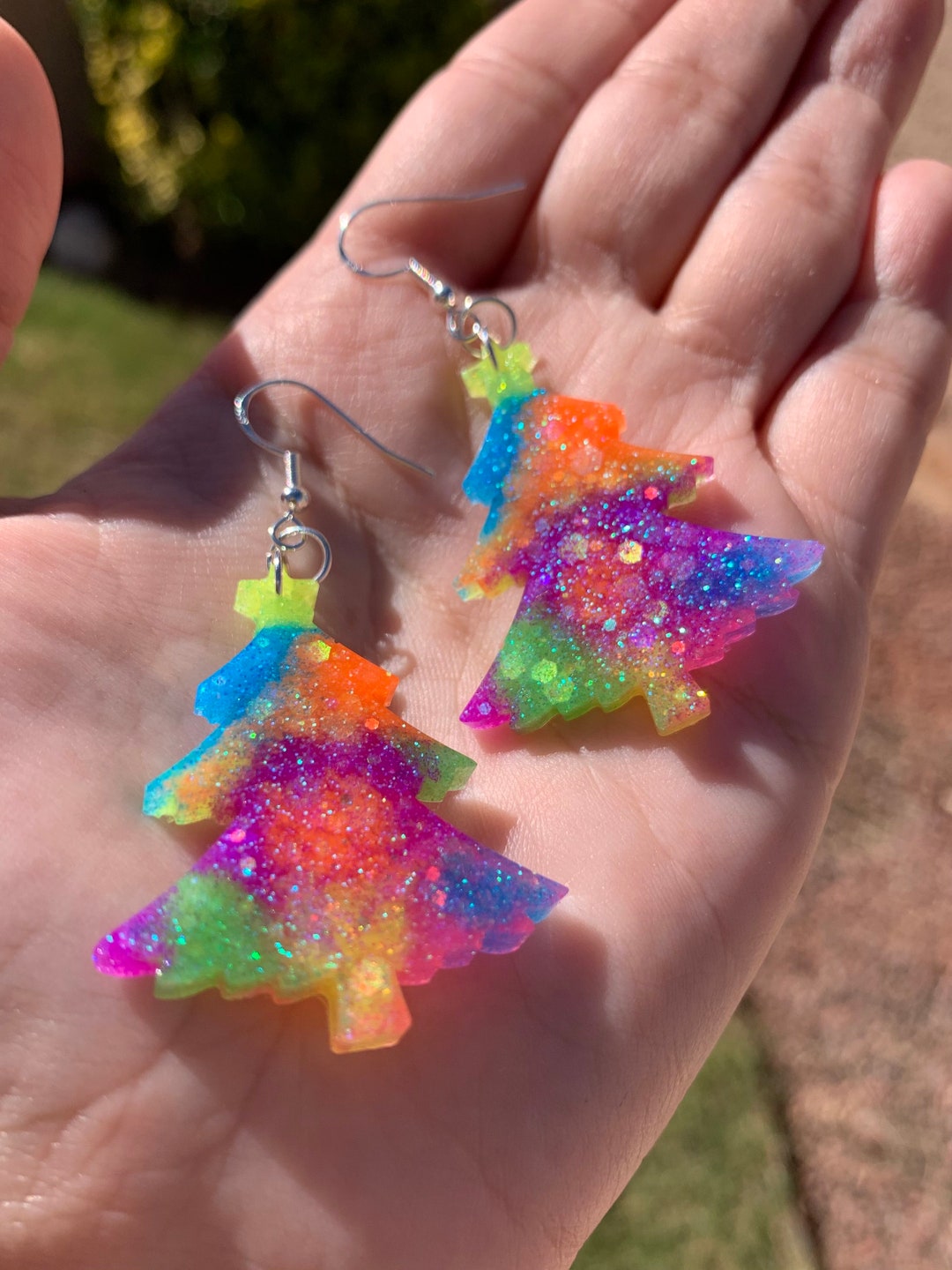 Colorful Sparkly Christmas Tree Earrings Unique & Fun Handmade Holiday Earrings Neon Glow Winter