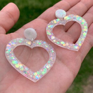 Big Clear Holographic Heart Stud Earrings | Handmade Sparkly Resin Jewelry | Unique Statement Accessories | Kawaii Gift