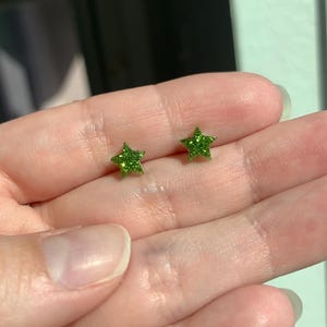 Tiny Sparkly Green Star Stud Earrings | Handmade Dainty Resin Studs | Stainless Steel Jewelry
