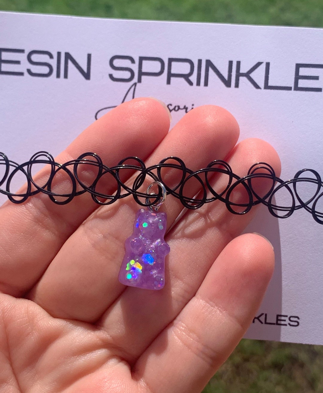 Purple Sparkly Gummy Bear Choker 90s Tattoo Elastic Choker Necklace W