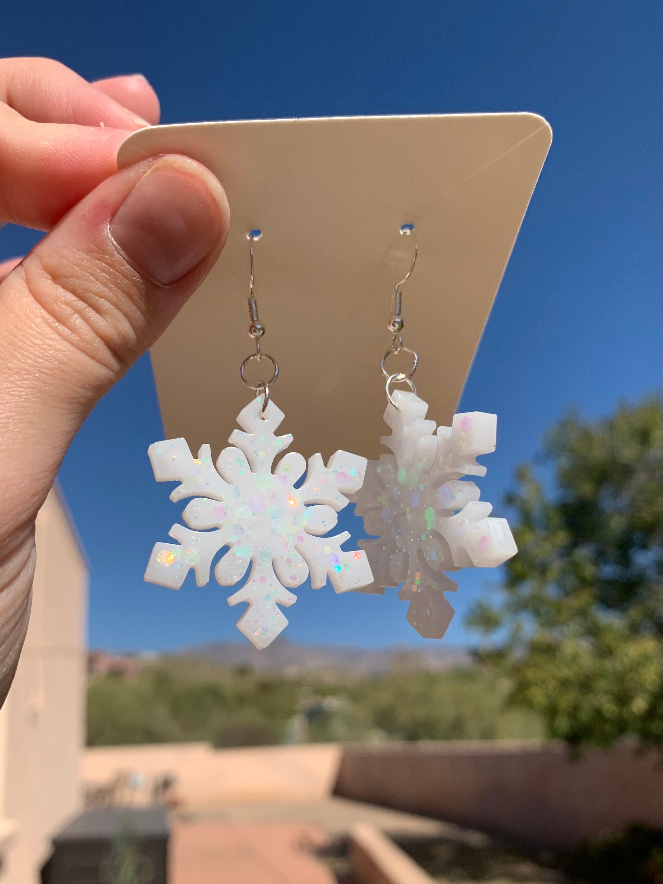 White Glitter Snowflake Earrings | Handmade Dangle Sparkly Winter ...