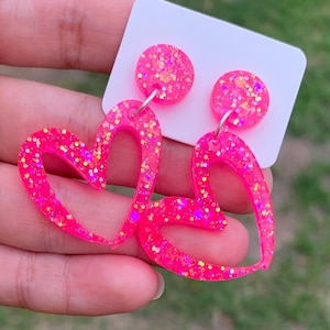 Neon Pink Glitter Heart Earrings | Handmade Open Heart Dangle Drop Stud Earrings | Hypoallergenic Resin Jewelry | Kawaii Gifts & Accessories