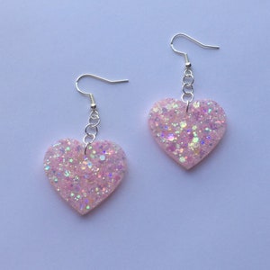Pastel Pink Sparkly Heart Earrings | Handmade Heart Dangle Earrings | Light Pink Iridescent Resin Heart Earrings | Cute Pink Heart Jewelry