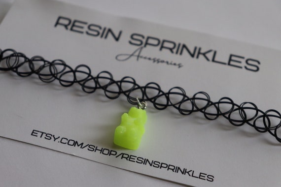 Neon Yellow Glow Gummy Bear Choker Necklace 90s Tattoo Choker Necklace w Handmade Resin Gummy Bear Pendant Blacklight Reactive Jewelry Etsy