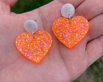 Neon Orange Glittery Heart Stud Earrings | Handmade Resin Jewelry | Rave Accessories | Unique Blacklight Gifts