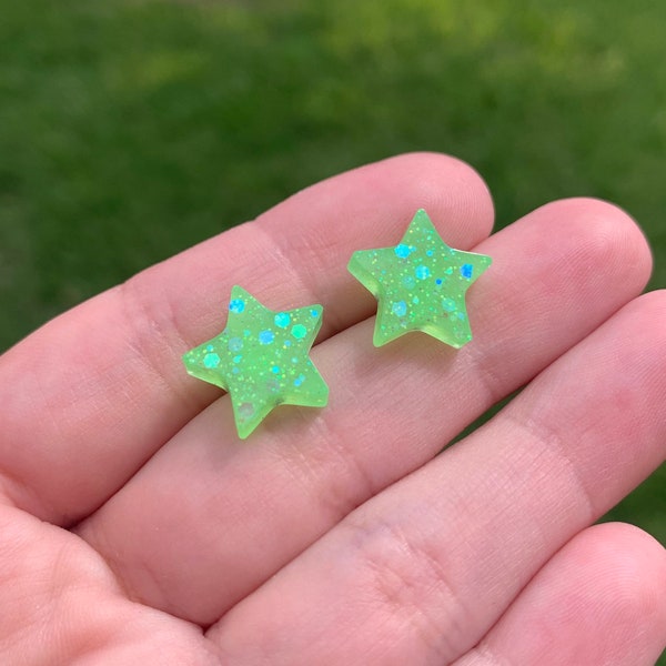 Neon Green Glow Star Stud Earrings | Handmade Chunky Resin Star Studs | Blacklight Jewelry | Fun Unique Accessories | Stainless Steel Gifts