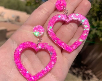 Big Pink Sparkly Heart Stud Earrings | Handmade Glittery Resin Jewelry | Girly Accessories | Kawaii Stainless Steel Gifts