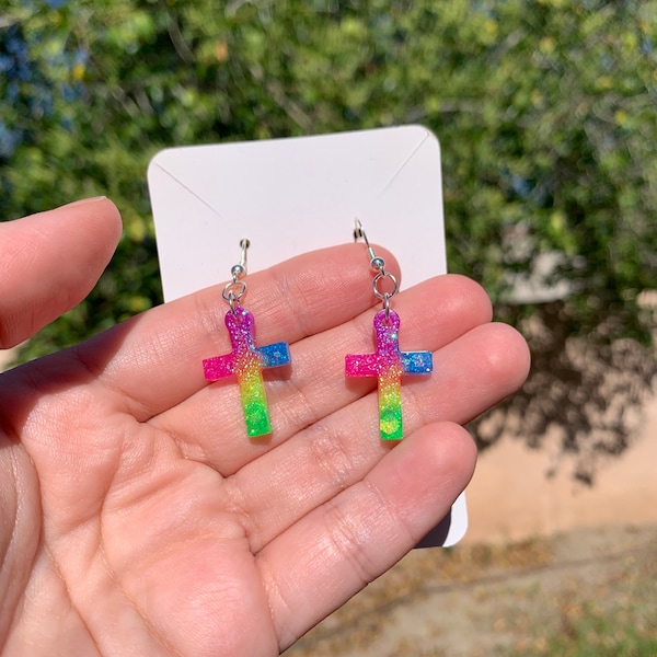 Small Neon Rainbow Sparkly Cross Earrings | Handmade Colorful Resin Jewelry | Celestial Accessories | LGBTQ Pride Gifts