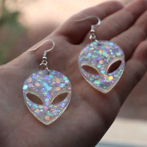 Clear Holographic Alien Head Earrings | Handmade Big Dangle Drop Earrings | Resin Alien Jewelry | Hypoallergenic Accessories | Rave Gift