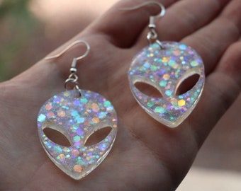 Clear Holographic Glitter Alien Earrings | Handmade Big Dangle Drop Earrings | Resin Alien Jewelry | Hypoallergenic Accessories | Rave Gift