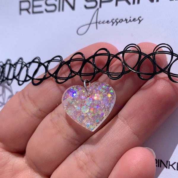 Clear Holographic Heart Tattoo Choker Necklace | Handmade Retro Jewelry | 90s Gothic Accessories | Emo Gift