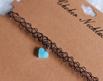 Blue Glow Heart Choker Necklace | Retro Tattoo Choker w/ Handmade Resin Glow in the Dark Charm | Blue Rave Jewelry