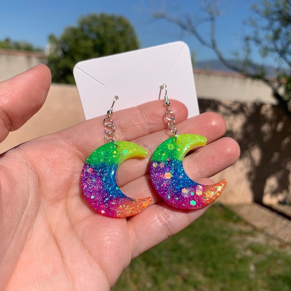 Neon Rainbow Sparkly Moon Earrings | Handmade Colorful Crescent Moon Jewelry | Celestial Resin Accessories | LGBTQ Pride Gifts