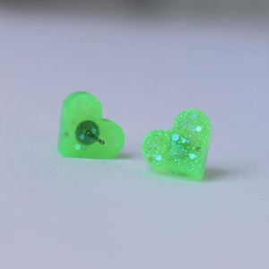 Neon Green Glow Chunky Heart Stud Earrings | Handmade Sparkly Neon Green Studs | UV Blacklight Rave Jewelry | Stainless Steel Glitter Studs