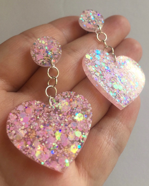 Pastel Pink Sparkly Heart Stud Earrings | Handmade Dangle