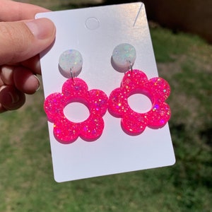 Pink Neon Daisy Stud Dangle Earrings | Handmade Resin Pink Flower Earrings | Bright Pink Flower Power Jewelry | Groovy Stud Drop Earrings