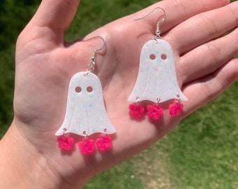 Handmade Sparkly Floral Ghost Earrings | White & Pink Resin Jewelry | Holographic Accessories | Unique Kawaii Gifts