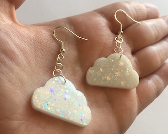 White Sparkly Cloud Earrings | Handmade Holographic Dangly Resin Cloud Earrings | Hypoallergenic Statement Earrings