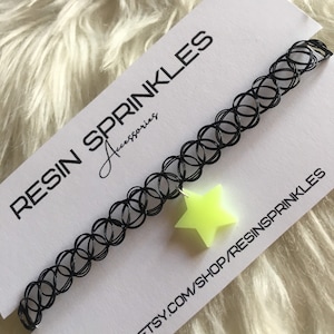 Neon Yellow Glow Star Choker Necklace | Glow in the Dark Tattoo Choker Necklace w/ Handmade Resin Star Charm | 90s Celestial Rave Jewelry