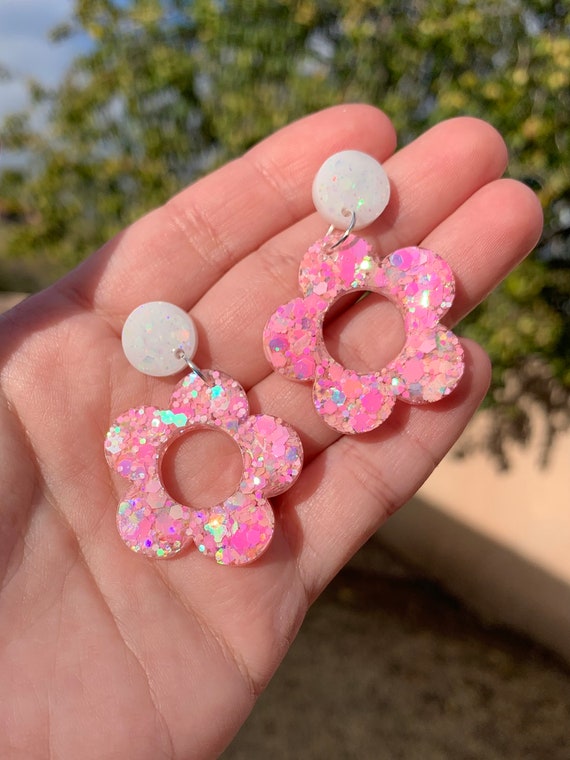 Pastel Pink Sparkly Flower Stud Earrings Handmade Resin Daisy