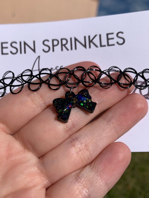Black Sparkly Bow Tie Tattoo Choker Necklace Retro 90s Charm