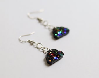 Black Sparkly Cloud Earrings | Handmade Dainty Holographic Cloud Earrings | Hypoallergenic Dangle Drop Earrings | Cute Resin Jewelry