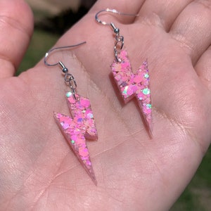 Pastel Pink Glitter Bolt Earrings | Handmade Resin Lightning Bolt Earrings | Iridescent Kawaii Jewelry | Unique Girly Gifts & Accessories