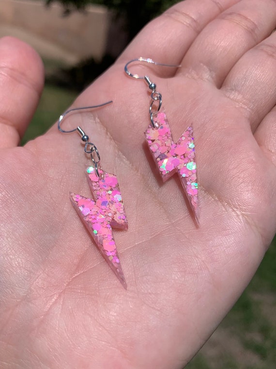 Pastel Pink Glitter Bolt Earrings Handmade Resin Lightning Bolt - Main Image