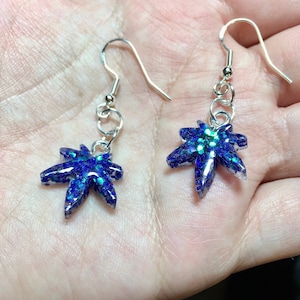Color Shift Weed Leaf Earrings, Hypoallergenic Hooks w/ Handmade Dainty Resin Marijuana Leaves