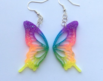 Neon Rainbow Butterfly Wing Earrings | Handmade Sparkly Resin Jewelry | Colorful Pride Accessories | LGBTQ Gifts