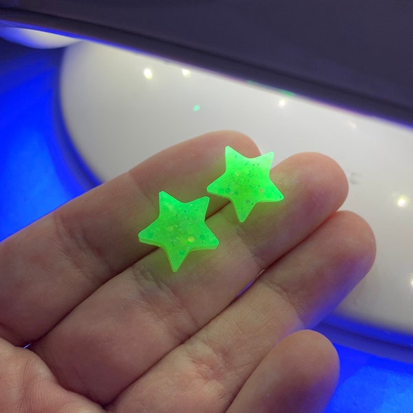 Yellow Glitter Glow Star Stud Earrings | Handmade Resin Jewelry | Neon Blacklight Rave Accessories | Fun Unique Gifts