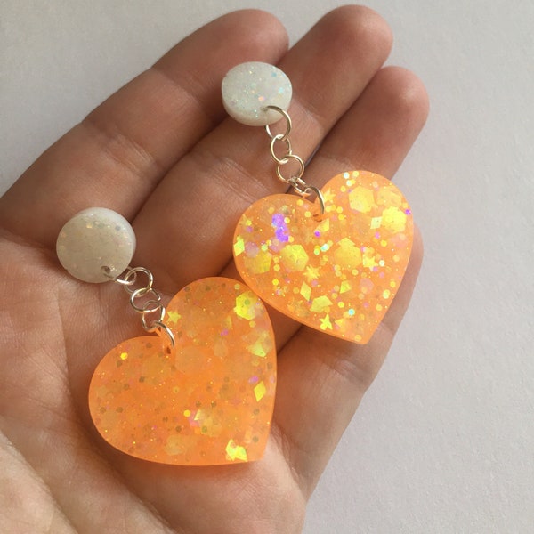 Neon Orange Glow Heart Earrings | Handmade Dangle Drop Stud Earrings | Glow in the Dark & Blacklight Reactive | Sparkly Resin Jewelry