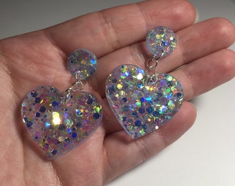 Blue Sparkly Heart Dangle Earrings | Handmade Light Blue Stainless Steel Drop Stud Earrings | Holographic Glitter Pastel Blue Resin Earrings
