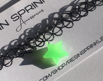 Green Glow Star Tattoo Choker Necklace | 90s Retro Jewelry | Festival Accessories | Neon Rave Gifts