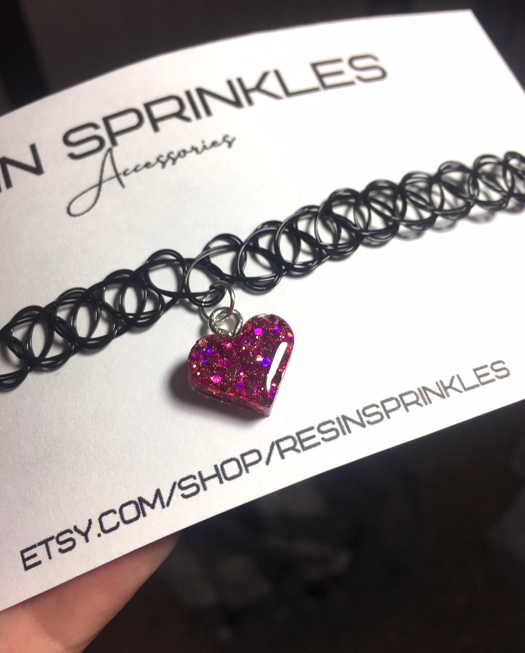 Pink Glitter Heart Tattoo Choker Necklace 90s Choker Necklace W/ Hot