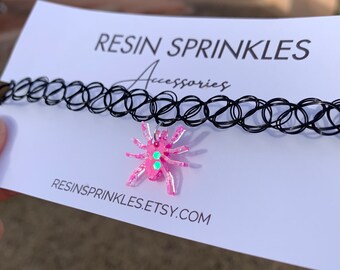 Pink Sparkly Spider Choker Necklace 90s Neon Tattoo Choker W