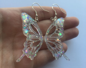 Clear Holographic Butterfly Wing Earrings | Handmade Glittery Resin Jewelry  | Unique Accessories | Kawaii Gifts for Women