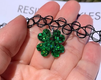 Green Sparkly Four Leaf Clover Tattoo Choker | St. Patrick’s Day 90s Tattoo Choker Necklace | St. Patty’s Day Jewelry | Handmade Resin Gift