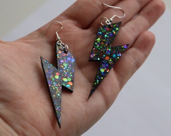 Black Holographic Lightning Bolt Earrings | Handmade Big Resin Dangle Drop Earrings | Statement Jewelry | Hypoallergenic Gifts & Accessories