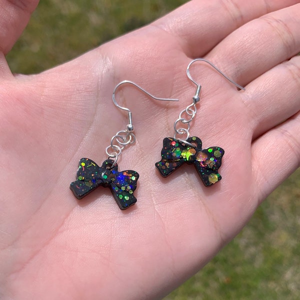 Black Holographic Small Bow Tie Earrings | Handmade Resin Jewelry | Kawaii Goth Accessories | Glittery Gifts for Her