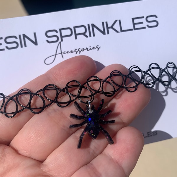 Black Holographic Spider Choker Necklace | 90s Tattoo Choker w/ Handmade Sparkly Spider Charm | Spooky Halloween Jewelry | Goth Accessories