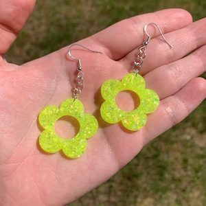 Neon Yellow Glittery Daisy Earrings | Handmade  Resin Flower Jewelry | Rave Accessories | Festival Gifts for Women