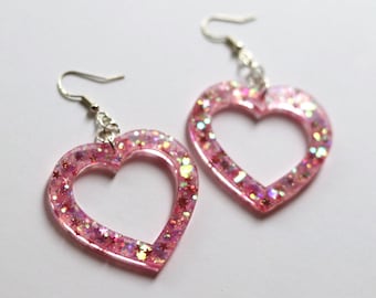 Big Pink Sparkly Heart Earrings | Handmade Statement Jewelry | Unique Glitter Accessories | Kawaii Resin Gifts