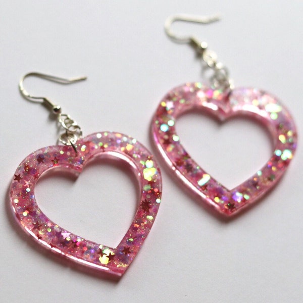 Big Pink Sparkly Heart Earrings | Handmade Statement Jewelry | Unique Glitter Accessories | Kawaii Resin Gifts