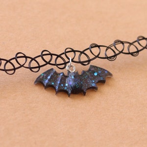 Black Sparkly Bat Tattoo Choker Necklace | Handmade Retro Halloween Jewelry | Gothic 90s Accessories | Cute Emo Gift