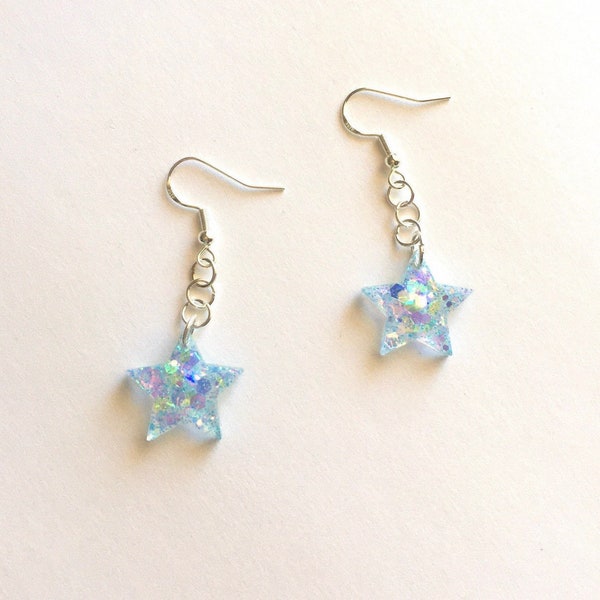 Light Blue Sparkly Star Earrings | Handmade Dainty Resin Jewelry | Kawaii Gifts | Unique Statement Accessories